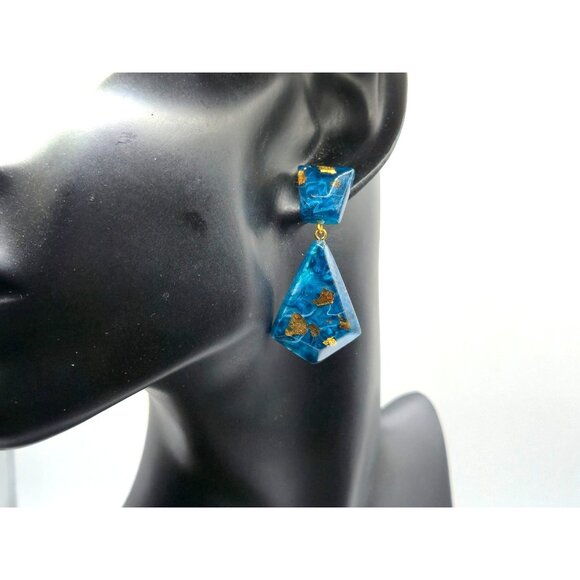 Zsiska Blue Resin Dangle Earrings Gold Leaf Marbled Modernist Statement Signed - Picture 4 of 6